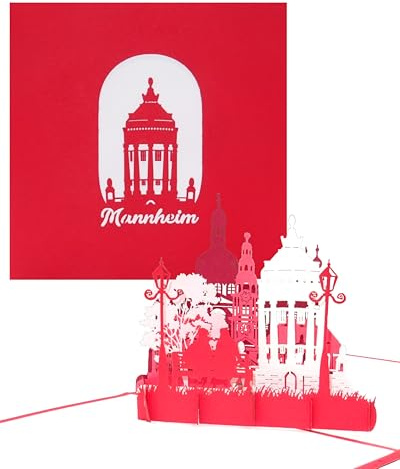 3D Karte „Mannheim – Panorama mit Wasserturm“, Pop-Up Grußkarte als Souvenir, Reisegutschein, Geschenkgutschein, Karte mit Umschlag