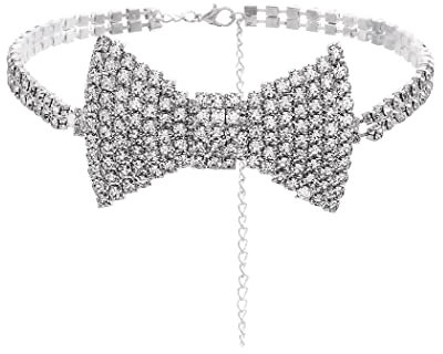 Sethexy Funkelnd Strass Kropfband Glitzer Schleife Halskette Schleifenknoten Tennis Kette Party Nachtclub Hochzeit Kostüm Schmuck für Frauen und Mädchen (Silver)