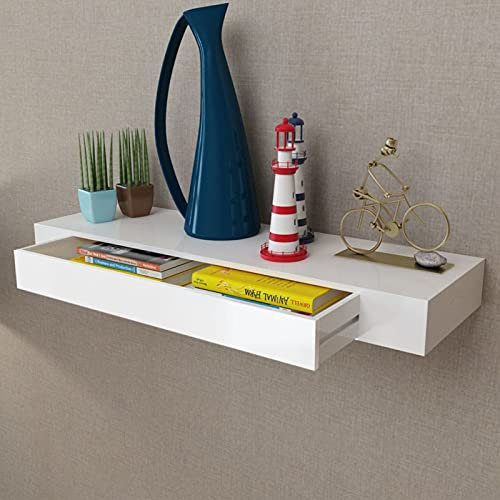 Tidyard MDF Wandregal Bücher/DVD-Regal Hängeregal mit 1 Schublade Unsichtbaren Montagesystem Aufbewahrungsregal Hängeregal Wandschrank Wandboard für Bücher Sammlerstücke Schmuckstücke weiß