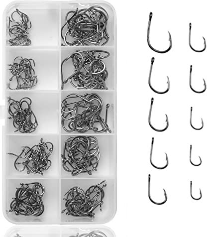 Kissral 200 Stück Fischhaken mit Widerhaken, 10 Größen Angelhaken, Kohlenstoffstahl Angelhaken Set für Süßwasser Salzwasser Fisch, Angelhaken Angelzubehör (Größe 3# -12#)