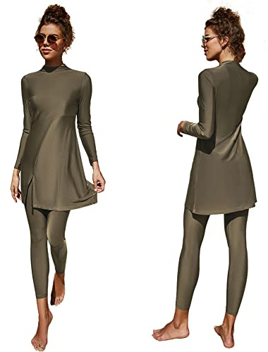 Damen-Badeanzug, muslimisch, islamisch, bescheiden, vollständige Abdeckung, Burkini, Langarm, Oberteil, Badehose, Sommer, Strandkleidung, Rashguards, 2-teilig, Armeegrün – Schlitz, L