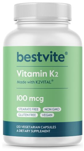 BESTVITE Vitamin K2 100 mcg as MK-7 w/Patented K2VITAL (120 Vegetarian Capsules) - No Stearates - Vegan - Non GMO - Gluten Free