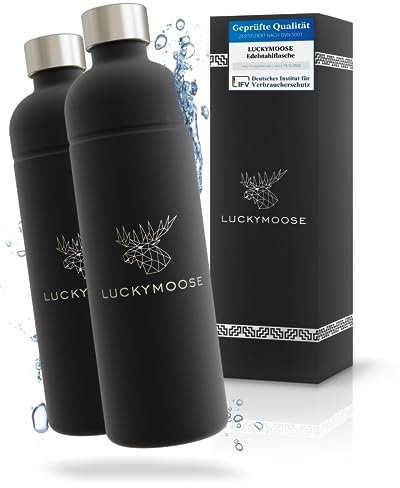 Luckymoose® Infinity Flasche 1,25L für Aarke Carbonator 3, Philips GoZero & Brita SodaOne Wassersprudler - Spülmaschinenfest, aus Edelstahl ohne Ablaufdatum (2x Schwarz) - Alternative Aarke Flasche