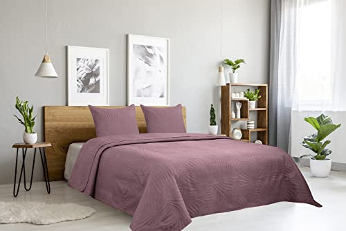 Autrefois Dessus de lit Rose Poudre Oasis - Couvre lit matelassé Doux et léger - Boutis uni 240x260 cm - 2 Places avec Deux taies 65x65cm - Motifs Feuilles de Palmier - Couverture Microfibre