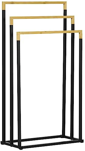 kleankin Porte-Serviettes en Bambou et Acier sur Pieds avec 3 Barres Support pour Serviette 45 x 22,5 x 86 cm - Noir et Naturel