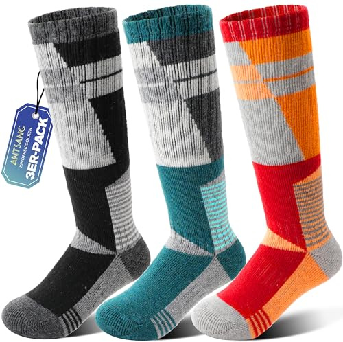 ANTSANG Calcetines de Esquí Niño Niña Lana Merino Invierno Térmicos Gruesos Cálidos Tobillo Alto para Esquí Snowboard 3 Pares(Gris/Verde/Naranja,29-34)