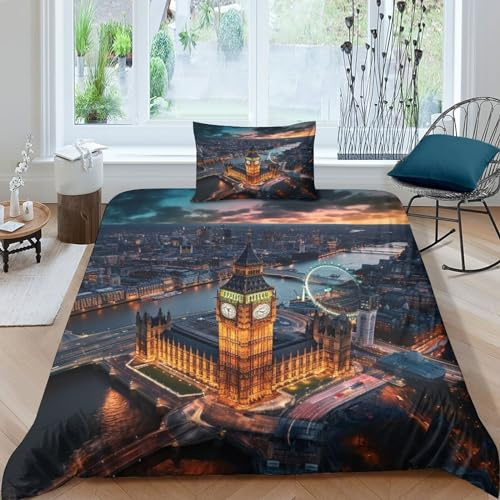Big Ben Bettwäsche-Sets,3D-Druck Steppdeckenbezug Weiche Mikrofaser London Bettbezug Mit Kissenbezug,mit Reißverschluss.Geeignet Für Kinder Und Erwachsene Single（135x200cm）