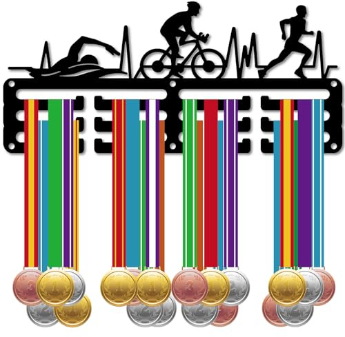 CREATCABIN Triathlon-Medaillenhalter Schwimmen,Radfahren,Laufen,Medaillenaufhänger,Rack,Sport,Metall Aufhängen,Auszeichnungen,Eisen,Kleines Dekor,Auszeichnungen Für Schwimmen,Laufen,Schwarz,29x13cm
