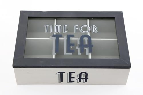Tea Box Wooden | 6 Compartment Section Organiser | With Clear Lid | Kitchen Storage Caddy | 7x24x16cm