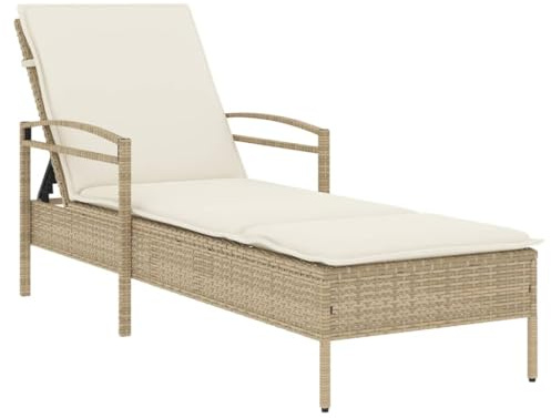 vidaXL Sonnenliege mit Auflage, Gartenliege mit Stahlrahmen, Liegestuhl für Außenbereich, Relaxliege Gartenmöbel, Modern, Beige Poly Rattan