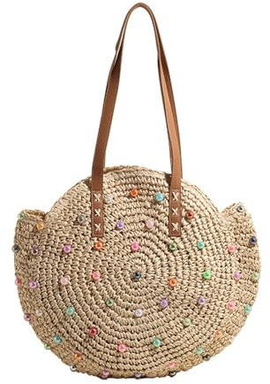 Stroh-Schultertaschen für Damen,Sommer Stroh Groß Strohtaschen Damen,Runde Süßigkeitsperle Handgewebt Stroh Tote Tasche