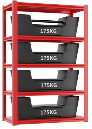Himimi Estanterías de Almacenamiento Ajustables de Garaje de 5 Niveles, Estanterías Metálicas de Alta Resistencia, Unidad de Estantería para Garaje, Sótano, Almacén, Despensa, 90 x 40 x 180 cm, Rojo