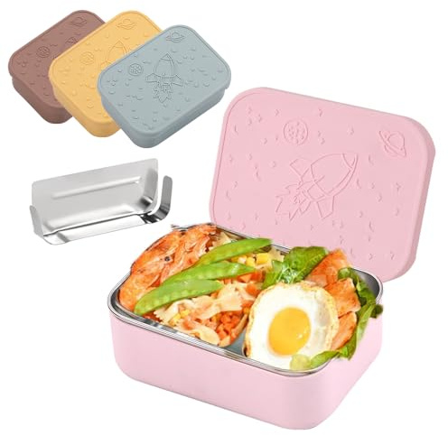 KENTROON Stainless Steel Lunch Box with Silicone Lid,Leakproof Bento Lunch Box with a Movable Divider, 850ml Lightweiht Sandwich Salad Box Container for Children and Adults Office and School Pink