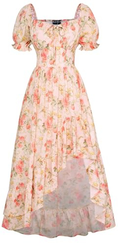 SCARLET DARKNESS Robe Longue d'Été Victorienne à Imprimé avec Manches Ballon et Col Carré Jaune Rose L