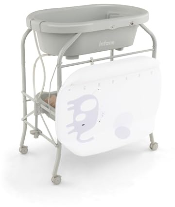 GOPLUS Baignoire Pliable Bébé 4 en 1, Baignoire Bebe sur Pied, avec Panier de Rangement et Roues Verrouillables, Charge 35 KG, Table a Langer avec Baignoire pour 0-12 Mois (Gris Clair)