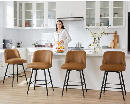 Coolazy Counter Height Bar Stools Set of 4,360° Swivel Faux Leather Barstools with High Back 26 H Seat Height (Faux Leather-Saddle Brown, 4 Pieces - 26 Counter Height)