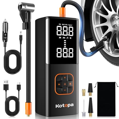 Elektrische Luftpumpe, 150 PSI Akku Luftpumpe, Wiederaufladbare Luftkompressor mit 4 Adapter für Auto/Motorrad/Fahrrad/Ball, Fahrradpumpe mit LED-Licht & Powerbank für Reise, Camping(Schwarz)