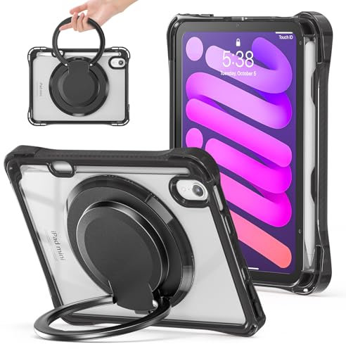 ZXHYliang iPad Mini A17 Pro 2024 & Mini 6. 2021: Stoßfeste, sturzsichere Schutzhülle für Kinder mit Ständer und Stifthalter, Schultergurt (schwarz)