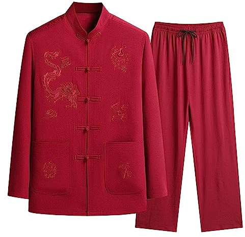 Ensemble 2 pièces pour homme - Style chinois - Arts martiaux traditionnels - Kung Fu, Tai Chi Tang - Manches longues - Coton et lin - Confortable - Lin Tenue de loisirs - Survêtement d'extérieur