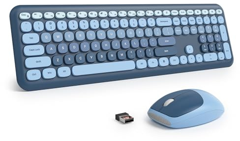 SOLIDEE Combo de Teclado y Ratón Inalámbrico Colorido,Teclado Retro 2.4GHz de Máquina de Escribir,Teclas con Teclado Numérico,Teclado de Membrana Silenciosa(Americano QWERTY)(SeaBlue Gradient)