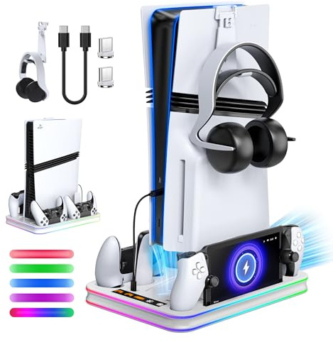 FYOUNG All in One Cooling Stand & Charger Station for PS5/Slim/Pro Console | Charging Dock for PlayStation Portal, Headset and Remote Holder with RGB Light Stand for PS5/Slim/Pro Console and Controller