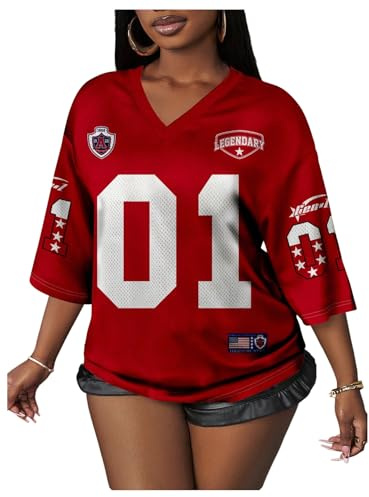 RoseSeek Women's Number Graphic Mesh Jersey Shirt V Neck 3/4 Sleeve Football Tee Tops Sportswear Red Medium