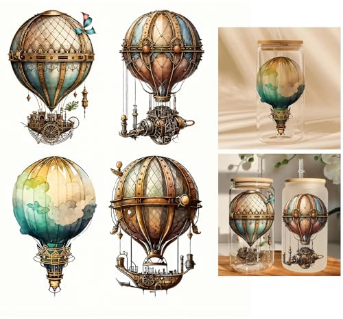 4pcs Steampunk Balloon Flower Leaf UV DTF Cup Wraps Transfer Waterproof Sticker for Glass Cups Furniture Craft DIY Crafts，Rub on Transfer Stickers for DIY Water Bottle Laptop Decal Wood Car