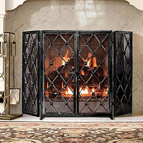 HCZKIUJY Kaminschirm mit Türen schwarz, 68×32×82 cm, faltbares kindersicheres Netz für Kamin/offenes Feuer, dreifach Faltbarer antiker Sichtschutz