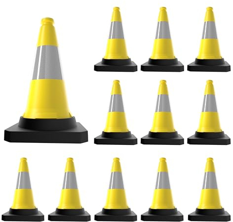 Berry 50CM Traffic Cone - Yellow | High Visibility Safety Cone with Black Base | Wind Resistant Reflective Traffic Cone | 20Inch PE Portable Road Cone for Street, Driveway & Parking Safety - 12 Cones