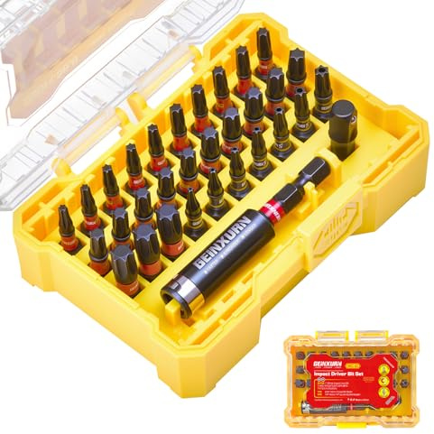 Geinxurn Juego de 32 puntas Torx con agujero de acero S2 magnético, vástago hexagonal de 1/4 pulgadas, incluye soporte para puntas y adaptador de llaves de vaso con caja amarilla