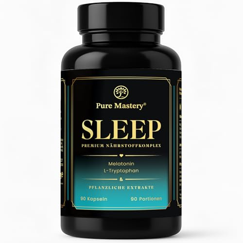 Pure Mastery® Pure SLEEP Nährstoffkomplex mit Melatonin, Melisse, Passionsblume, Ashwagandha, Hopfen, B-Vitaminen, Magnesium und Aminosäuren - 90 Kapseln. Vegan und laborgeprüft.