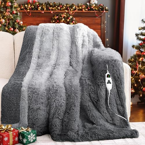 RUJIPO Heated Electric Blanket Twin–Faux Fur with Soft Thick Sherpa,Warm Winter Birthday Gifts for Women Grandma，10 Heat Settings,5 Time Settings with Fast Heating, 62x84, Foggy Dusk