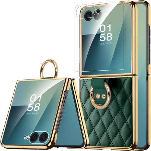 Miimall Compatible with Samsung Galaxy Z Flip 7 Case, [Built-in Screen Protector] [Ring Holder] Leather Slim Shockproof Non-Slip Women Girls Full Body Cover Protective Caser for Z Flip 7-Dark Green