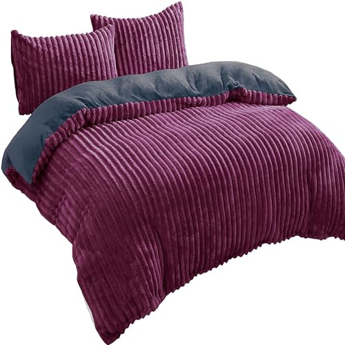 Leonado Vicenti Bettwäsche Cashmere-Touch Teddy Plüsch Set 240x220 cm 3 Teilig Cord Optik Winter Coral Fleece kuschelig warm Bordeaux Wendebettwäsche