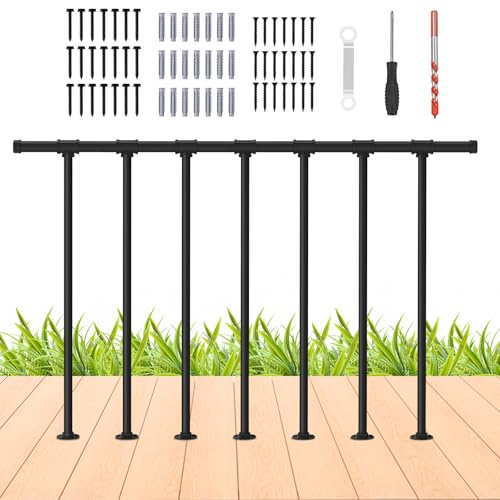 smusei Handrail Deck Railing Metal Porch Railing Guard Rail Kit with Balusters, Wrought Iron Flat Rail Kit for Deck, Porch and Balcony, Black