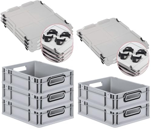 PROREGAL SparSet 5x Eurobox NextGen Color mit Auflagedeckel und Schiebeschnappverschlüsse, HxBxT 12x30x40cm, 11L, Grau, Griffe schwarz offen, Eurobehälter, Transportbox, Transportbehälter
