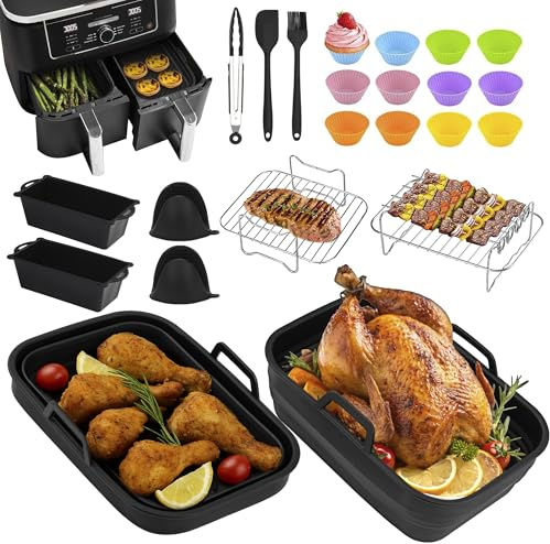 Airfryer Zubehör Dual Zone 9,5L, 27PCS Silikonform Heißluftfritteuse Zubehör Faltbar Silikon Backform Einsatz Air Fryer Accessories