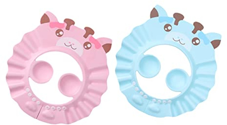 2 Stück Kinder Duschhaube Verstellbar EVA 3d Cartoon | Kleinkinder, Schützt Beim Haarewaschen, mit Ohrenabdeckung und Bügel, Blau und Rosa
