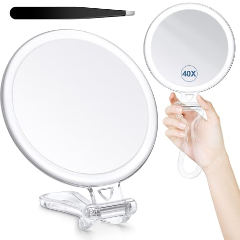MIYADIVA Espejo de aumento de 40X, espejo de mano con asa, mano de doble cara con aumento de 40X/1X, esencial de viaje, maquillaje plegable portátil para maquillaje