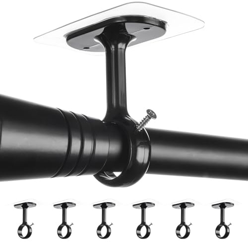 6 Stück Gardinenstange ohne Bohren für Decke und Wand (Schwarz) | Gardinenstangenhalterung zum Kleben mit Schrauben, Passend für Ø25-32mm, Ideal für Badezimmer, Fenster, Kleiderschrank