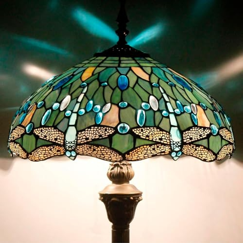 WERFACTORY Tiffany Floor Lamp Sea Blue Stained Glass Dragonfly Style Light 16X16X64 Inches Standing Type Reading Light Antique Pole Corner Lamp Decor Living Room Bedroom Home Office S147 Series