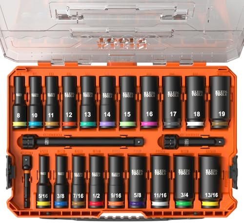 Klein Tools 65121IMPCT KNECT Deep-Well 3/8-Inch Drive Impact Socket Set, SAE and Metric, 23-Piece Tool Set, Impact Driver Adapter, Multi-Purpose Wrench Adapter, Color-Coded, MODbox Socket Organizer