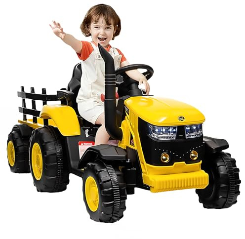 Kids Ride on Tractor with Remote Control, 12V Electric Tractor, 35W Dual Motors, Bluetooth Music/USB, Safety Belt, 3-Gear-Shift & 7-LED Lights, Yellow