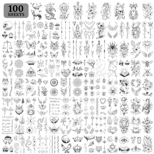 LEADTEAM Tatueringar vuxna 100 blad, tillfälliga tatueringar 2 veckor vattentät tillfällig falsk tatuering män kvinnor, tatoo att klistra på flickor kvinnor festival tillbehör karneval karneval