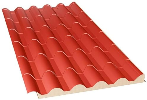 Acero Panel - Panel Estilo Teja Cubierta | 2100x1000mm | Interior Madera - Exterior Rojo Coppo | Acero Prelacado | PU