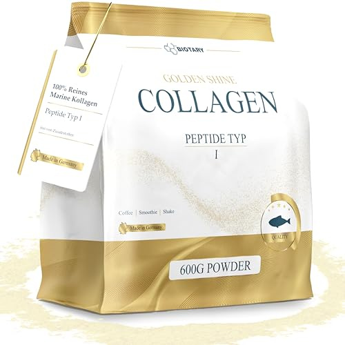 GOLDEN SHINE marint kollagenpulver 600 g rent fiskkollagenhydrolysat | Kollagenpeptider typ 1 med måttsked lättlösliga smakneutrala 60 dagars förbrukning testad kvalitet
