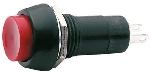 Interruttore a pulsante ⌀18mm, funzione ON-OFF, tasto rosso, unipolare, 2 posizioni, rotondo, tondo, foro 12mm, fissaggio a vite, da pannello, portata 12V 220V 230V 1A, contatti a saldare, click