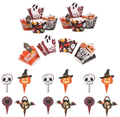 Healeved Décorations de Gâteaux D'halloween 48 Pcs, Caissettes et Pics à Cupcakes Motifs Citrouille, Fantôme et Chauve-souris, Papier, pour Fêtes et Anniversaires Thème Halloween