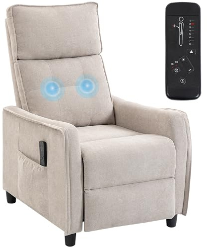 HOMCOM Poltrona Massaggiante Reclinabile Manuale 160°, 2 Punti di Massaggio Vibrazione e Poggiapiedi, Poltrona Relax Imbottita Effetto Lino con Telecomando con Filo, Tasche Laterali, Crema