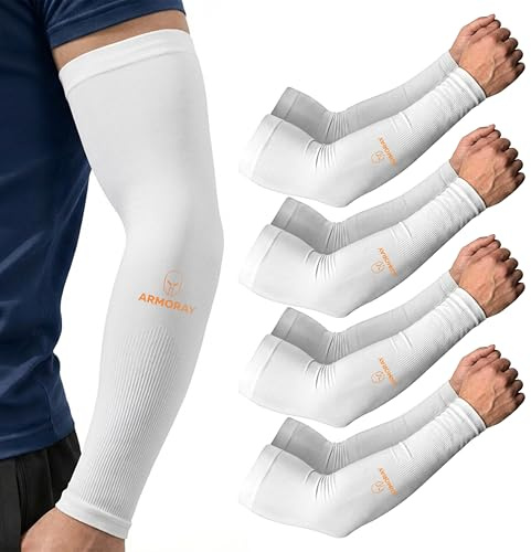 ARMORAY Arm Sleeves for Men & Women - 4 Pair UV Sun Protection Cooling Compression - Tattoo Cover Up Sleeve for Daily Wear & Work (White)